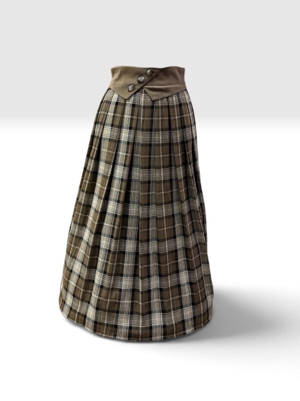 Vintage Skirt Size Small Beige Brown Plaid Midi A Line Retro Button Detail